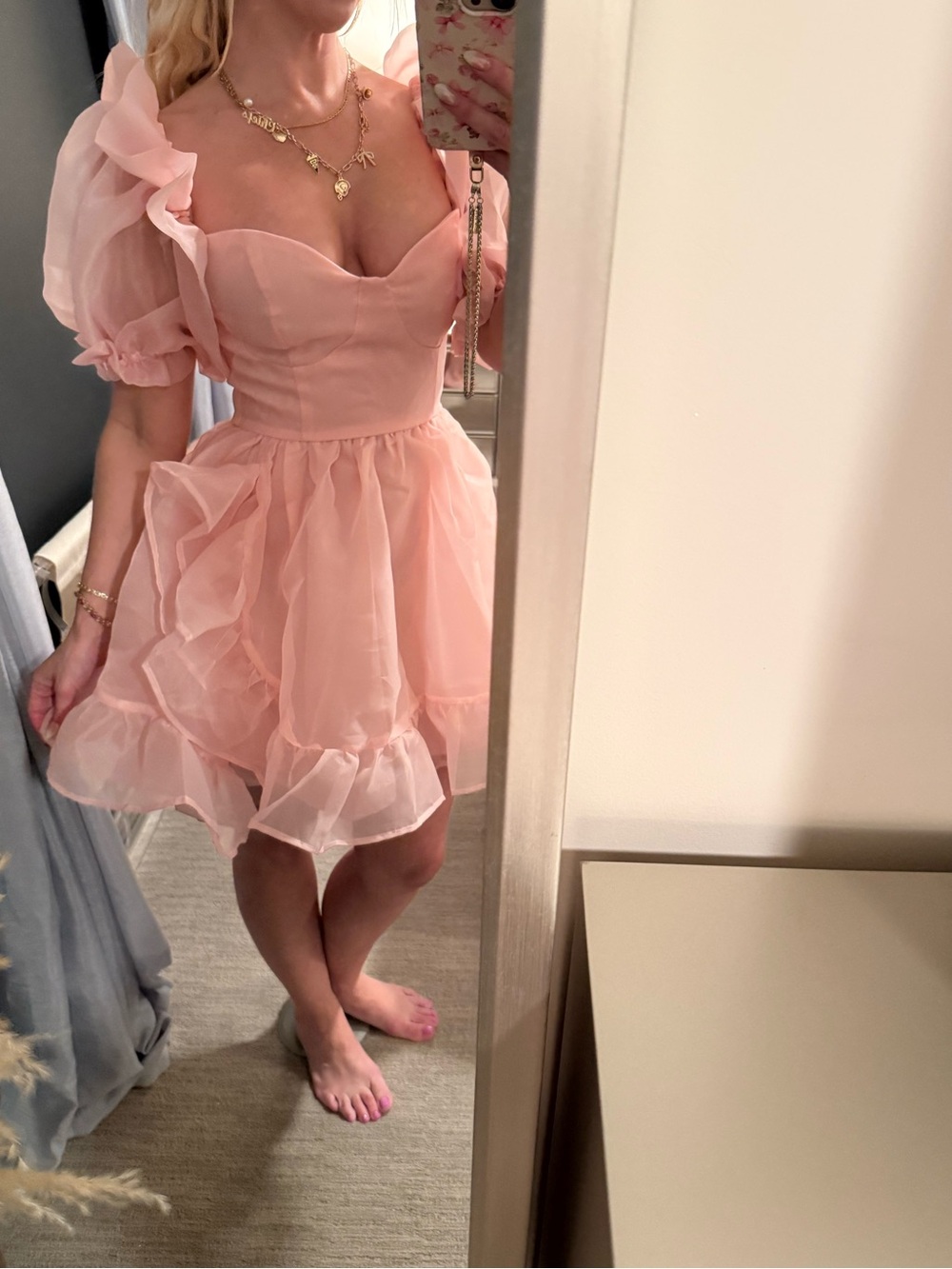 Women's Blush Pink Organza Puff Sleeve Mini Dress | Sweetheart Neck Ruffle Tiere